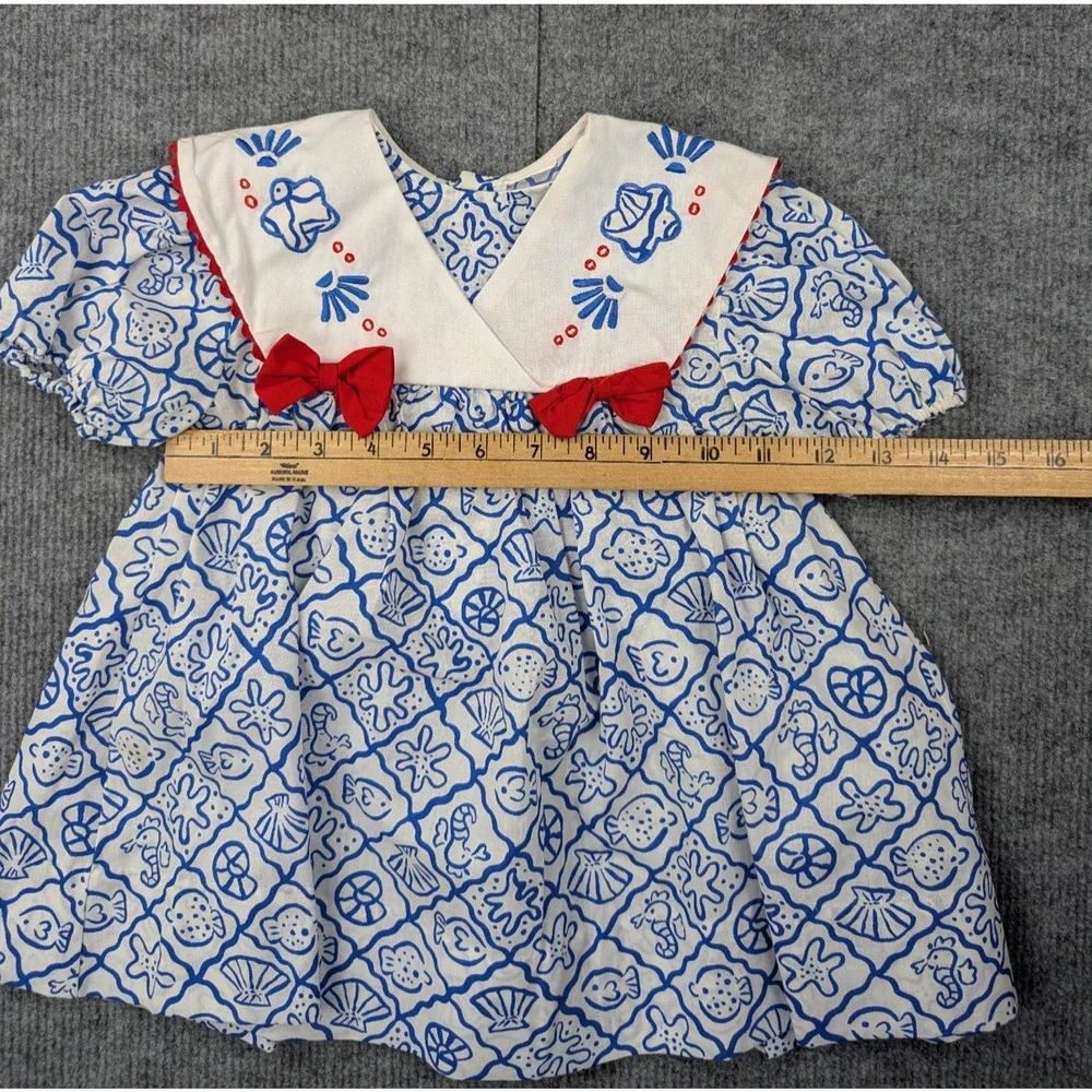 Vintage Dress Girls 2T Toddler Sailor Collar Nautical Novelty Retro Blue Beach